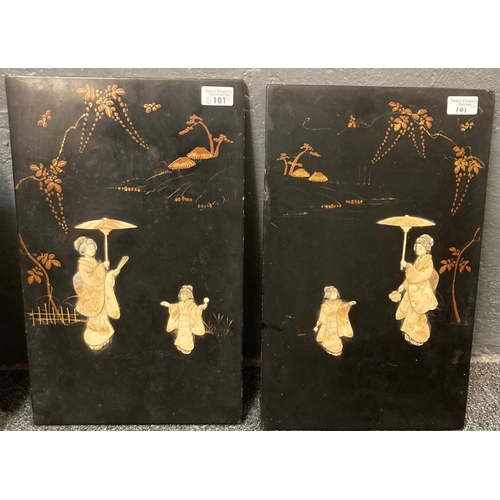 101 - Pair of Japanese gilded and bone relief lacquered panels.  45x28cm approx.  (2)  (B.P. 21% + VAT)