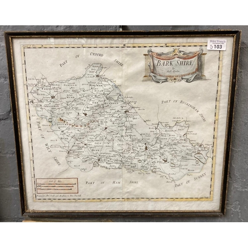 103 - Robert Morden, original sparsely coloured map of 'Bark Shire' (sic).  37x42cm approx.  Hogarth frame... 