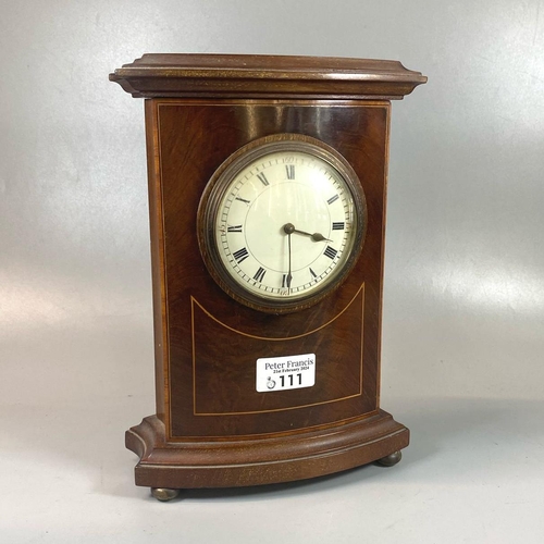 111 - Edwardian mahogany inlaid mantle clock with Roman face, French brass drum movement on brass ball fee... 