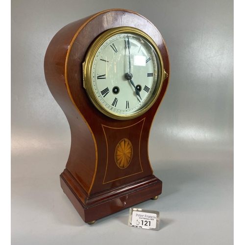 121 - Large Edwardian inlaid mahogany two train balloon shaped mantle clock having Roman ceramic face, Fre... 