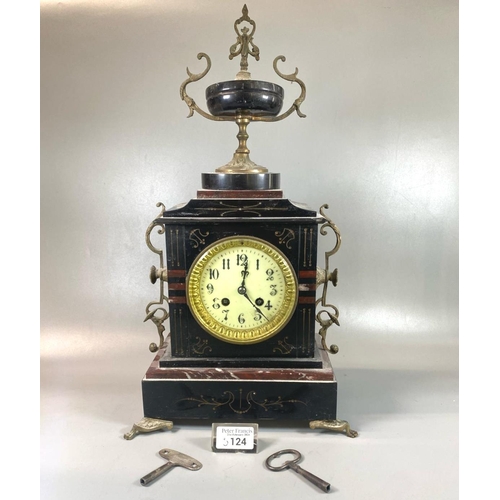 124 - Late 19th century black slate two train mantle clock with gilt metal mounts, urn shaped finial and A... 