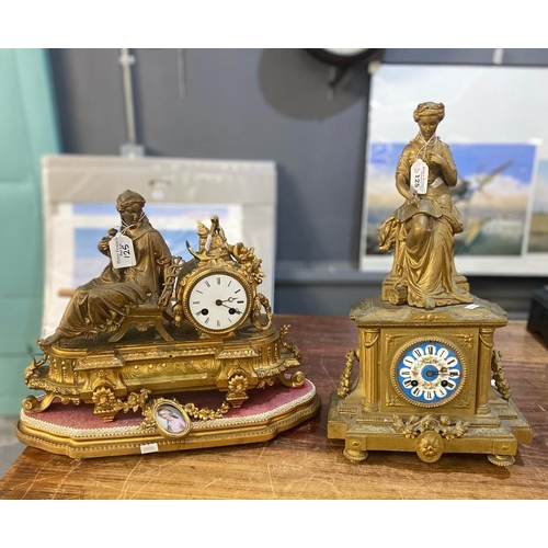 125 - Two 19th century gilt spelter figural mantle clocks, both with ceramic Roman faces, one on additiona... 