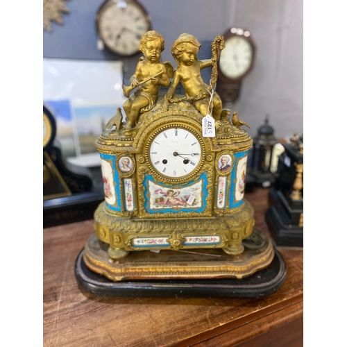 127 - Large 19th century French ormolu figure mounted two train mantle clock, the arched top surmounted by... 