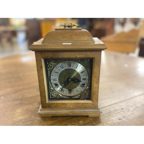 129 - Georgian style three train bracket clock with brass face having Roman silvered chapter ring.  28cm h... 