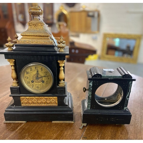 130 - Late 19th century black slate and gilt metal two train architectural mantle clock with Arabic face a... 