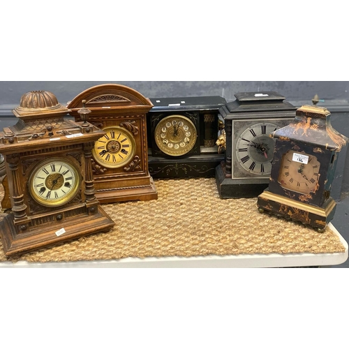 136 - Group of five assorted early 20th century mantle clocks, wooden mantle clocks in various designs and... 