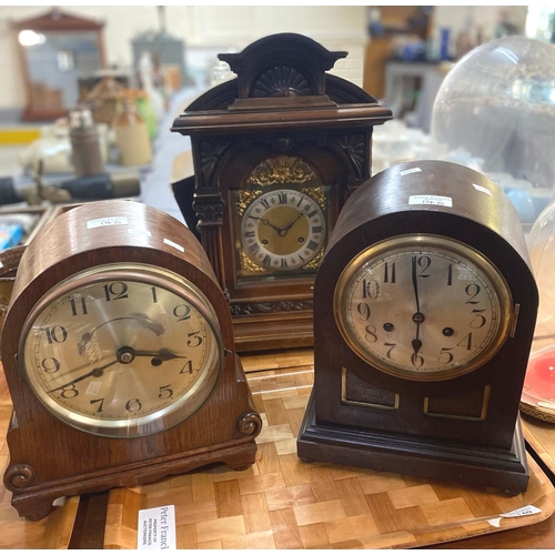 140 - Large early 20th century German walnut architectural two train mantle clock, with brass face having ... 