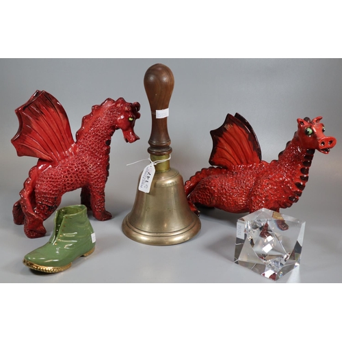 147 - Collection of assorted items to include: Art pottery Welsh red dragons; one marked Nantgarw chinawor... 