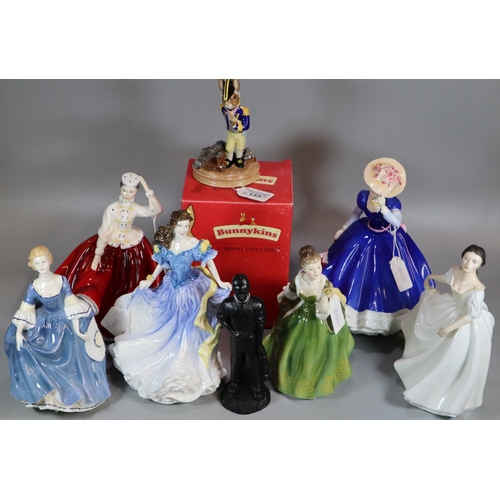 155 - Six Royal Doulton figurines to include: figure of the year 1998 'Rebecca' HN4041, 'Hilary' HN2335, '... 