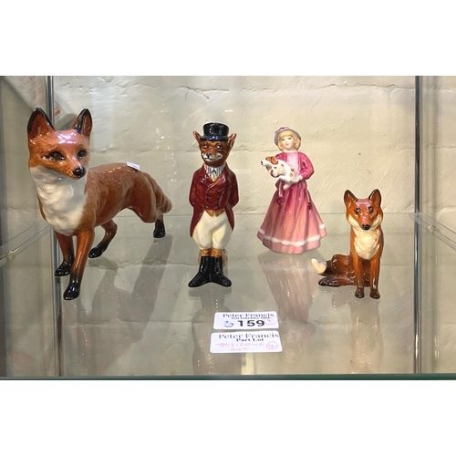 159 - Collection of china to include: two Beswick foxes, Royal Doulton figure of a fox in human clothing a... 