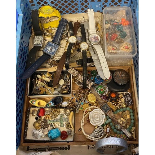 167 - Box of assorted jewellery, watches and other items to include: 18ct gold plated watch, clip on and s... 