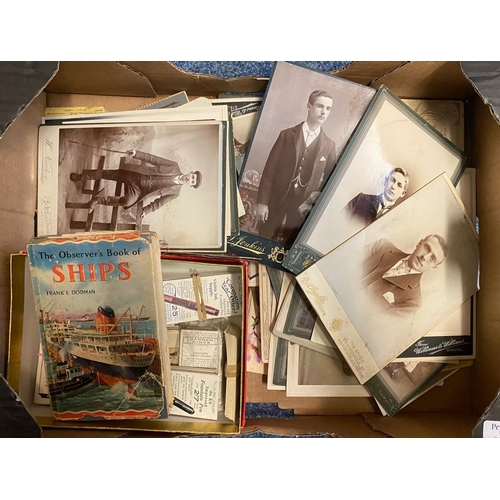 179 - Box of ephemera and other items to include: cigarette cards, Victorian black and white portraits, 'T... 