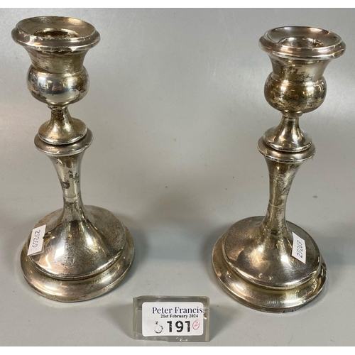 191 - Pair of silver baluster candlesticks with loaded bases, Birmingham hallmarks. 18cm high approx.
(B.P... 