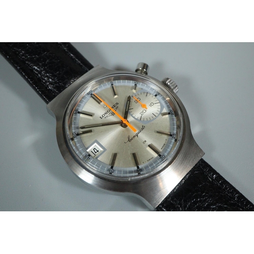 203 - Unusual Longines Conquest steel single button chronograph wristwatch with small minutes dial and dat... 