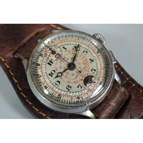 204 - Rare Pierce military steel gentleman's chronograph wristwatch with date aperture, seconds and moon p... 