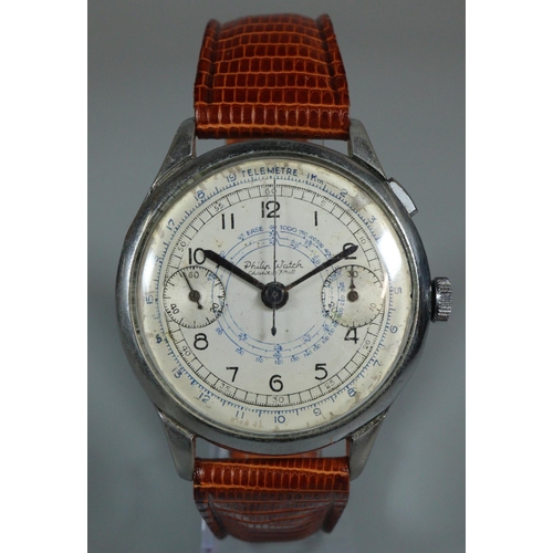 208 - Vintage Philip Watch steel gentleman's chronograph wristwatch with single button, sweep seconds hand... 