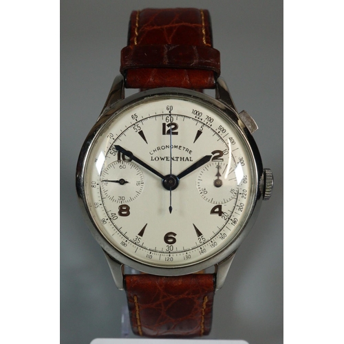 210 - Lowenthal mid century steel gentleman's chronograph wristwatch with single button sweep seconds hand... 