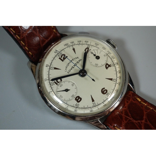 210 - Lowenthal mid century steel gentleman's chronograph wristwatch with single button sweep seconds hand... 