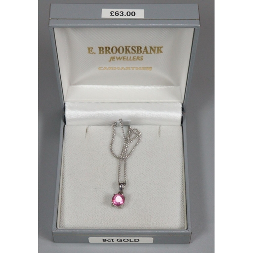 331 - 9ct white gold fine link chain with pink stone pendant.  3g approx.  (B.P. 21% + VAT)