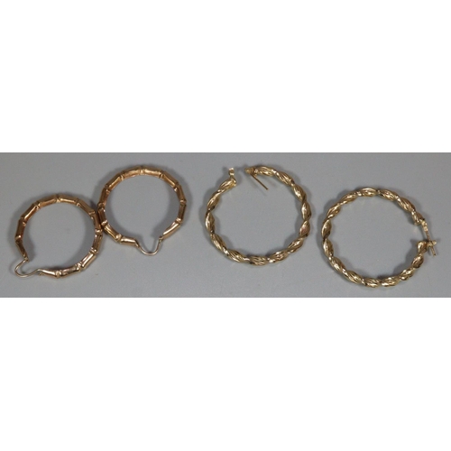 333 - Two pairs of 9ct gold hoop earrings, one of simulated bamboo form.  5.9g approx.  (B.P. 21% + VAT)