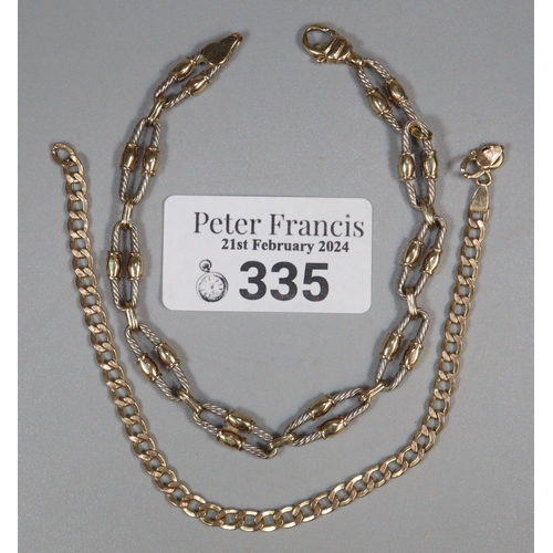 335 - 9ct gold bracelet.  11.4g approx. together with a 9ct gold curb link bracelet.  1.8g approx.  (B.P. ... 