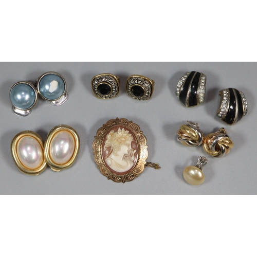 341 - 9ct gold cameo portrait brooch together with a collection of clip on earrings  (B.P. 21% + VAT)