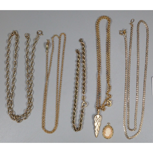 343 - Collection of gold and gold plated necklaces, the gold 12.5g approx.  Together with a small cameo pe... 