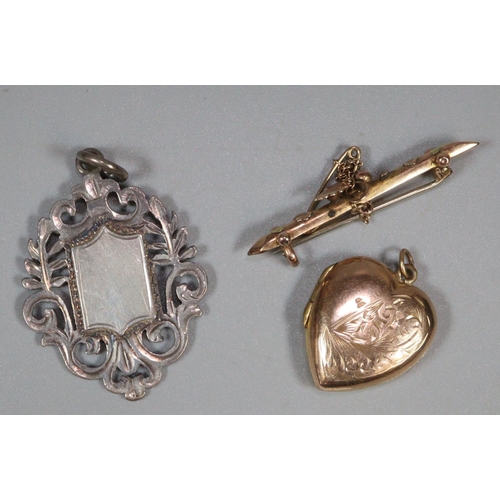 345 - 9ct gold front and back heart shaped locket together with a silver fob and 9ct gold brooch, 1.5g app... 