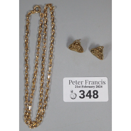 348 - 9ct gold curb-link chain. 8.2g approx. together with a pair of 9ct gold Celtic design earrings.  3.2... 