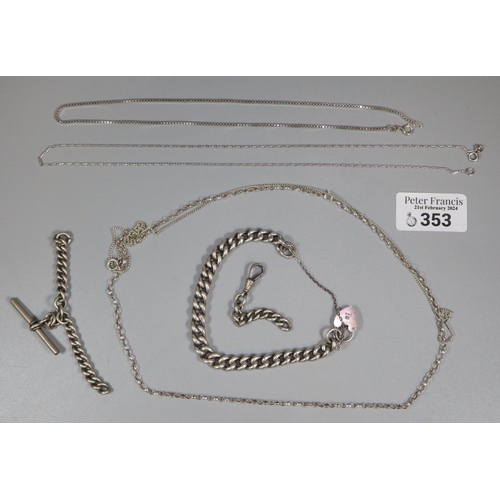 353 - Collection of silver and other curb-link bracelets, T bar part Albert chain, and other chains etc.  ... 