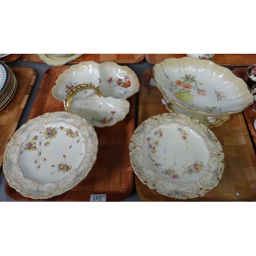 372 - Two trays of Doulton Burslem to include: floral design dessert plates and pedestal dishes, centre bo... 