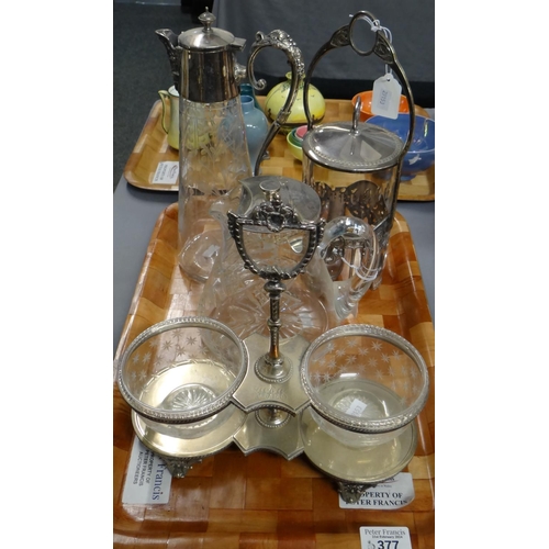 377 - Collection of glass items with silver plated mounts/lids to include: etched glass claret jug, cut gl... 