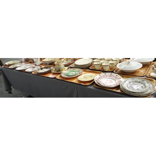 382 - Five trays of china to include: various transfer printed, spongeware and hand painted Dillwyn Swanse... 