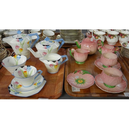 384 - Vintage Carlton Ware pink 'Buttercup' flower design breakfast set comprising; small teapot, sugar bo... 