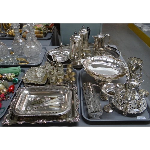 388 - Two trays of silver plated items to include; eggcups with and without stand, cruet set, baskets, tru... 