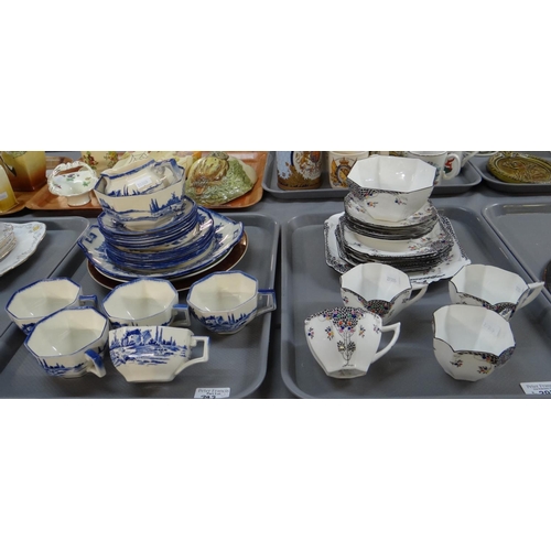 393 - Two trays of china to include: a tray of Shelley black tree design teaware: four teacups and five sa... 