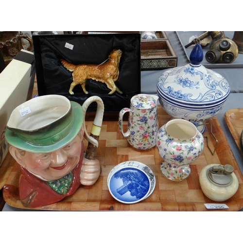 396 - Tray of china to include: a Burleigh ware Tony Weller character jug, Royal Minton Grimwades floral j... 