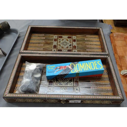 401 - Vintage inlaid games board with a set of checkers/draughts counters and a boxed set of Greyhound dom... 