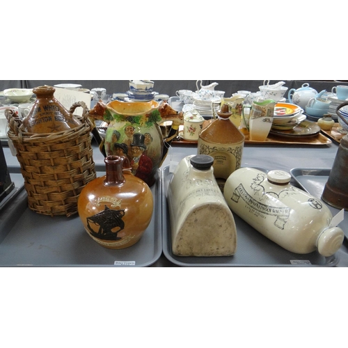 403 - Two trays of Doulton stoneware china to include; two Doulton Lambeth foot warmers, a two tone stonew... 