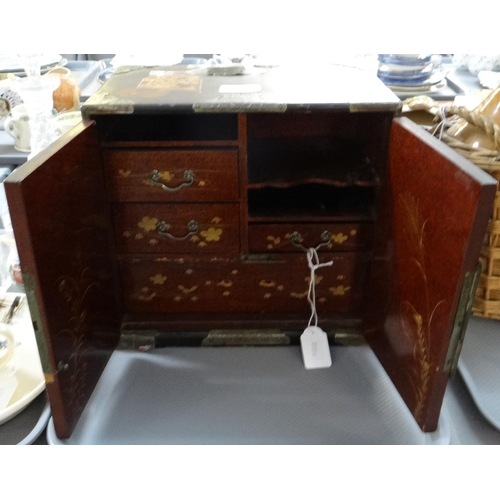 404 - Lacquered Japanese table top cabinet with gilt decoration, interior revealing fitted drawers.
(B.P. ... 