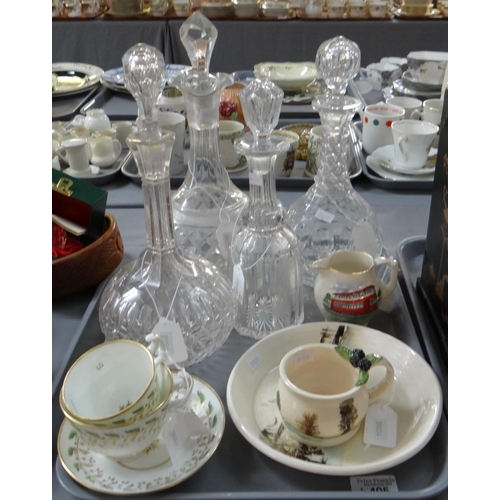 405 - Tray of china and glassware to include: various shaped cut, etched and moulded glass decanters with ... 