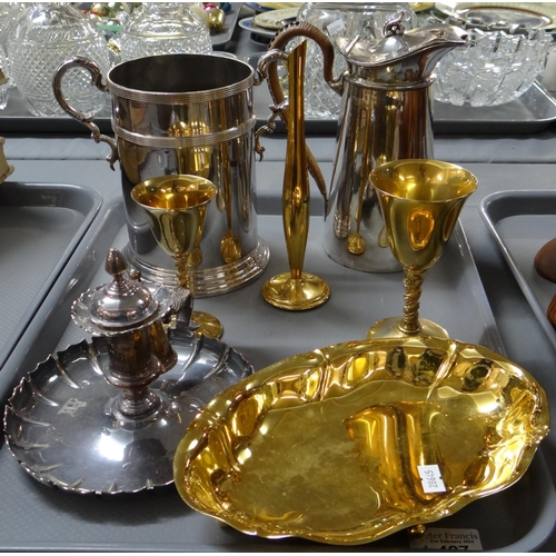 407 - Tray of metalware to include: Martinoid plated two handled wine cooler, plated water jug, chamber st... 