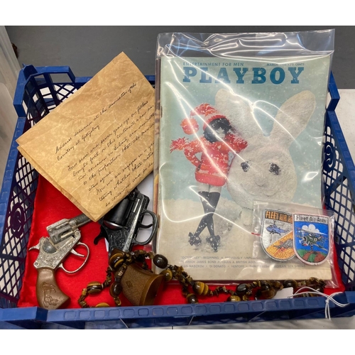 429 - Tray of oddments to include: Playboy magazine March 1966, Penthouse magazine 1967, Lone Star Scout c... 