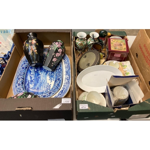 430 - Two boxes of mainly china to include: blue and white meat dishes, pair of Imperial Porcelain Wedgwoo... 