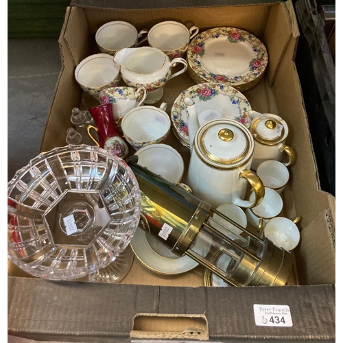 434 - Box of assorted mainly china to include: Aynsley part tea set, Paragon coffee set, brass miner's lam... 