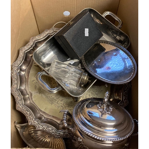 440 - Box of good quality silver plate to include: tray, salvers, flatware, entree dishes etc.   (B.P. 21%... 