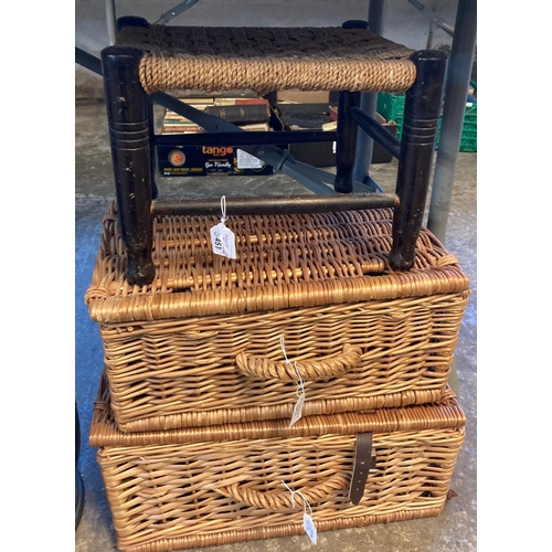 451 - Two wicker baskets and a cord stool.   (B.P. 21% + VAT)