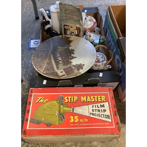 462 - Box of assorted china and other items together with a vintage The Stip Master film strip projector i... 