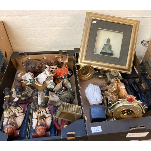 474 - Two boxes of assorted mainly figurines: Asian buddha framed, bust, ceramic lion, birds, Blackamoor t... 