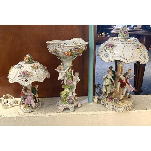 80 - Two similar continental porcelain table lamps modelled in the form of figures dancing around a tree,... 